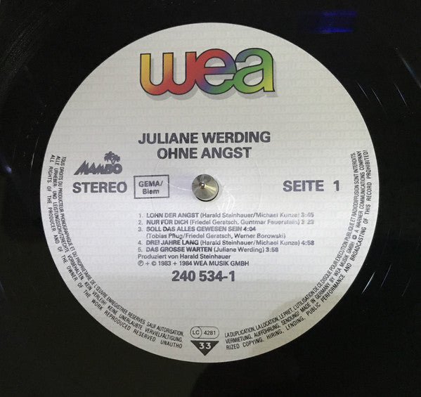 Juliane Werding : Ohne Angst (LP, Album)
