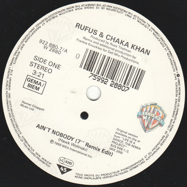 Rufus & Chaka Khan : Ain't Nobody (Remix) (7", Single, Sma)