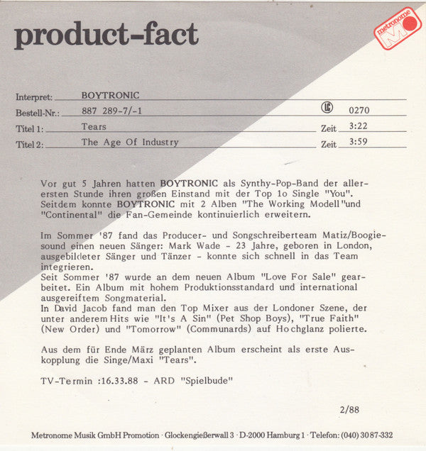 Boytronic : Tears (7", Single)