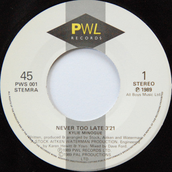 Kylie Minogue : Never Too Late (7", Single)
