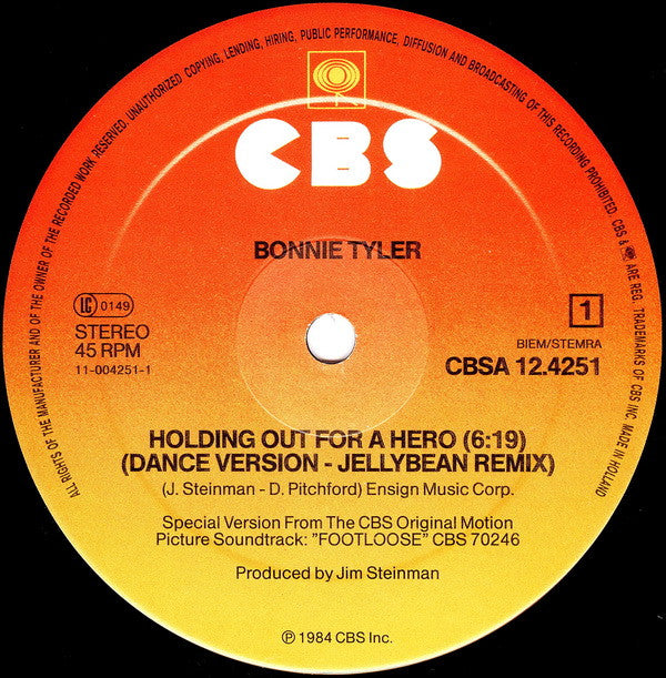 Bonnie Tyler : Holding Out For A Hero (Dance Version-Jellybean Remix) (12", Maxi)