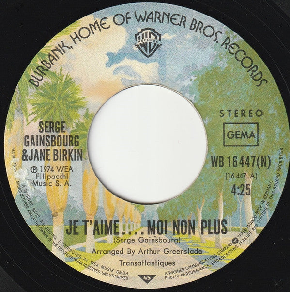 Jane Birkin Avec Serge Gainsbourg : Je T'aime... Moi Non Plus (7", Single, RE)