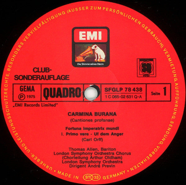 Carl Orff, André Previn, London Symphony Orchestra & Chorus*, St. Clement Danes Grammar School Boys Choir*, Sheila Armstrong, Gerald English, Thomas Allen : Carmina Burana (LP, Quad, Club)