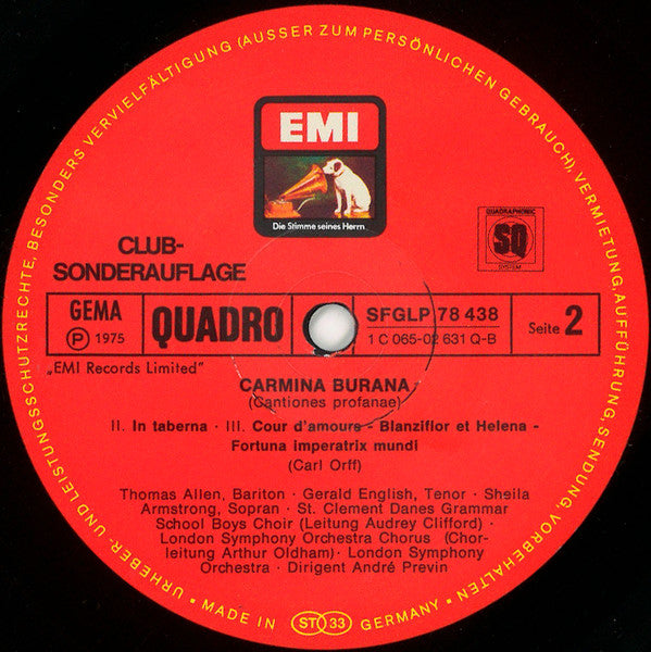 Carl Orff, André Previn, London Symphony Orchestra & Chorus*, St. Clement Danes Grammar School Boys Choir*, Sheila Armstrong, Gerald English, Thomas Allen : Carmina Burana (LP, Quad, Club)
