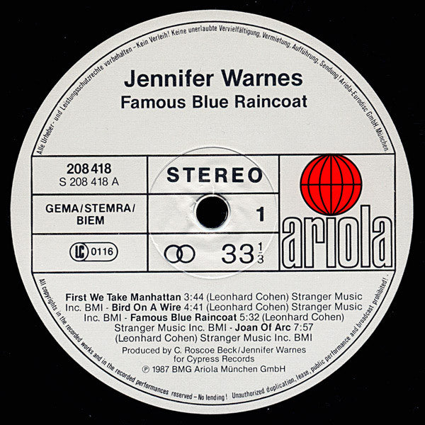 Jennifer Warnes : Famous Blue Raincoat (The Songs Of Leonard Cohen) (LP, Album)