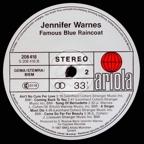 Jennifer Warnes : Famous Blue Raincoat (The Songs Of Leonard Cohen) (LP, Album)