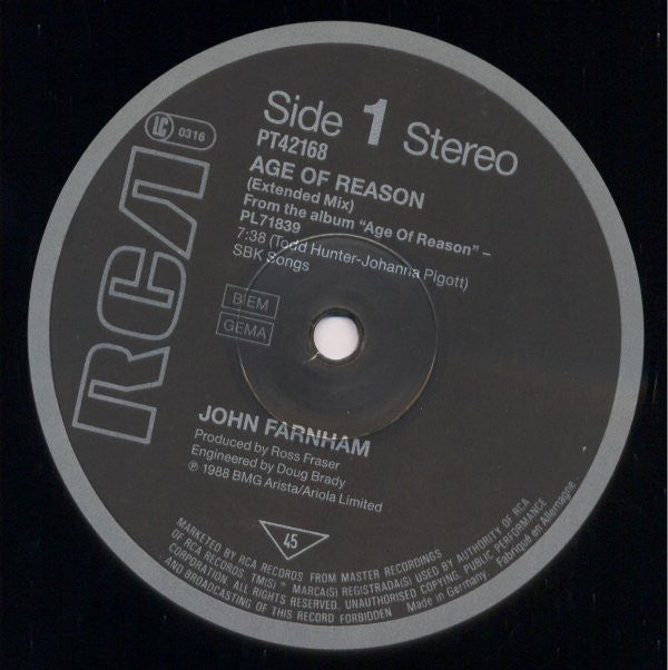 John Farnham : Age Of Reason (12", Maxi)