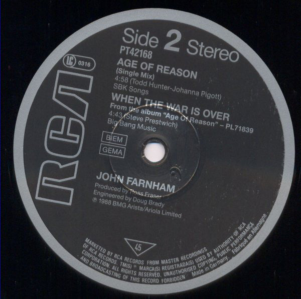 John Farnham : Age Of Reason (12", Maxi)