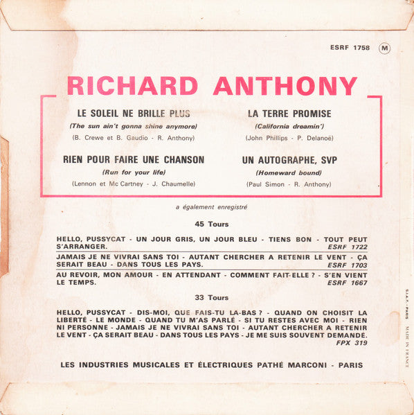 Richard Anthony (2) : Le Soleil Ne Brille Plus (7", EP)