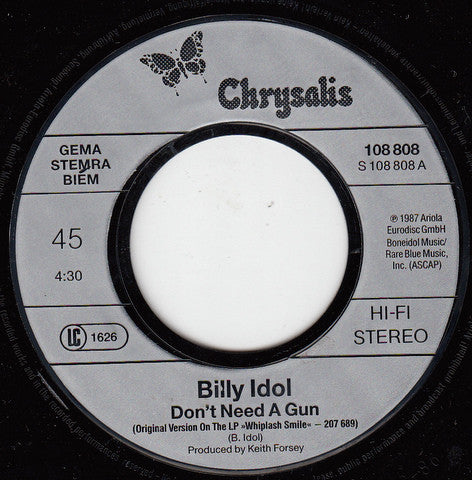Billy Idol : Don't Need A Gun (7", Single)