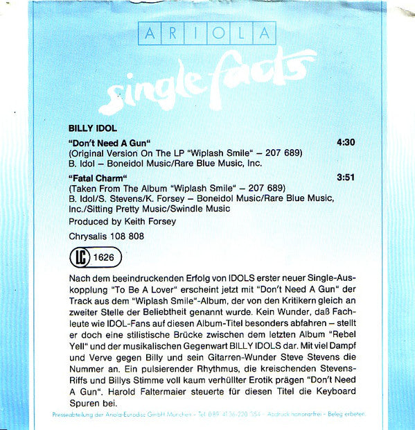 Billy Idol : Don't Need A Gun (7", Single)