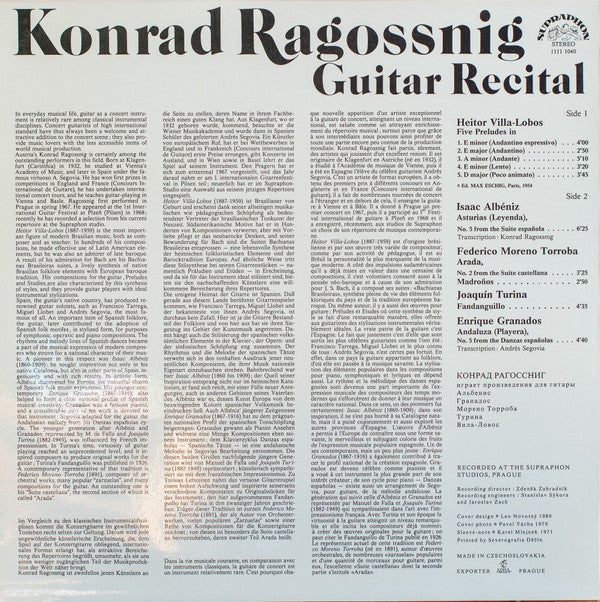 Konrad Ragossnig :  Federico Moreno Torroba, Heitor Villa-Lobos, Enrique Granados, Isaac Albéniz, Joaquín Turina : Guitar Recital (LP, Album)