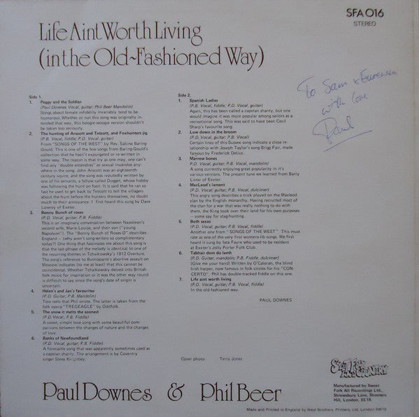 Paul Downes (4) & Phil Beer : Life Ain't Worth Living (In The Old-Fashioned Way) (LP, Album)
