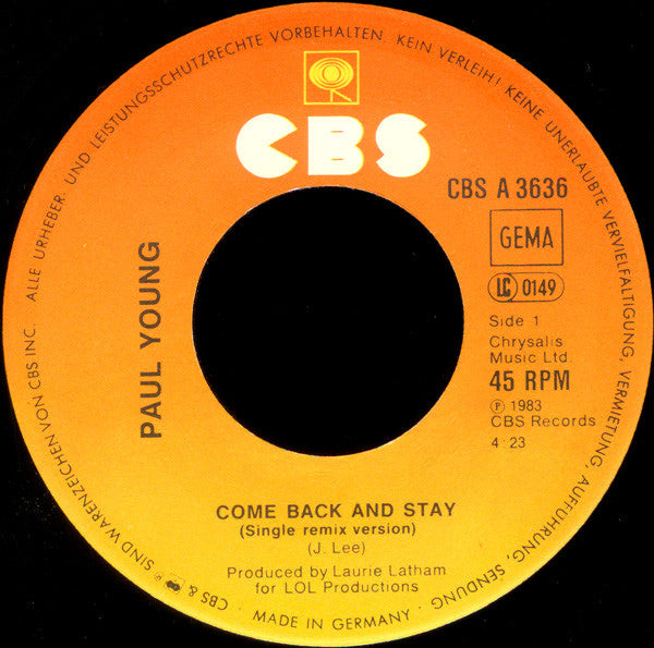 Paul Young : Come Back And Stay (Single Remix Version) (7", Single)