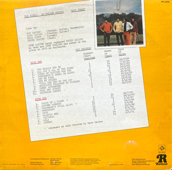 The Kinks : 20 Golden Greats (LP, Comp, Mono)