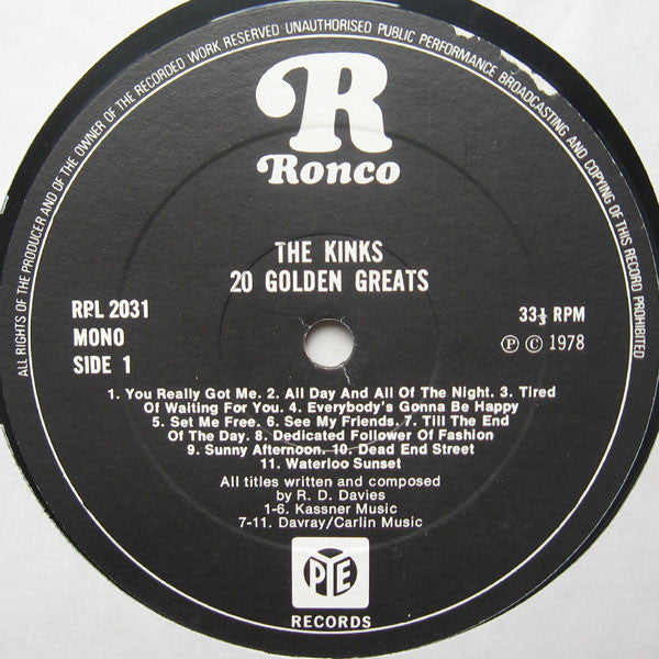 The Kinks : 20 Golden Greats (LP, Comp, Mono)