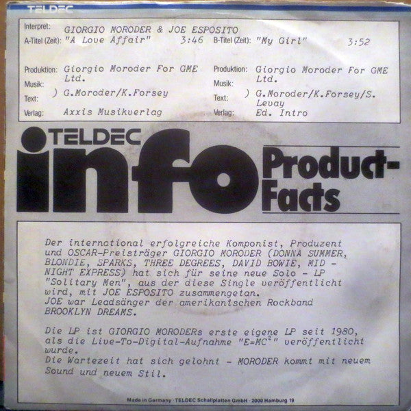 Giorgio Moroder & Joe Esposito : A Love Affair (7", Single, Promo)