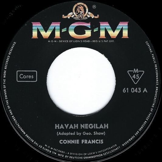 Connie Francis : Havah Negilah (7", Single, Mono)