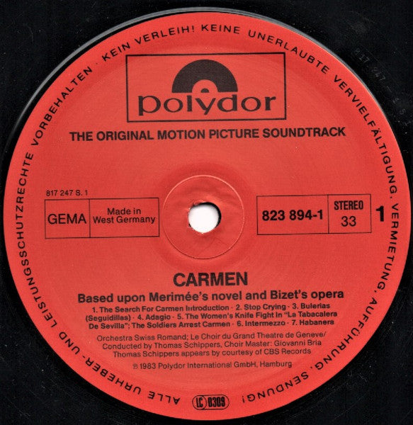 Carlos Saura, Antonio Gades, Laura Del Sol, Paco De Lucía : Carmen - The Original Motion Picture Soundtrack (Based Upon Mérimée's Novel And Bizet's Opera) (LP)
