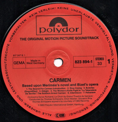 Carlos Saura, Antonio Gades, Laura Del Sol, Paco De Lucía : Carmen - The Original Motion Picture Soundtrack (Based Upon Mérimée's Novel And Bizet's Opera) (LP)