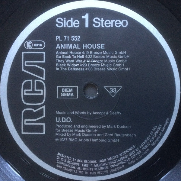 U.D.O. (2) : Animal House (LP, Album)