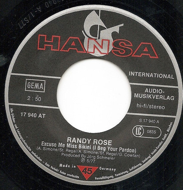 Randy Rose* : Excuse Me Miss Bikini (I Beg Your Pardon) (7", Single)