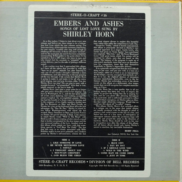 Shirley Horn : Embers And Ashes (LP, Album, yel)