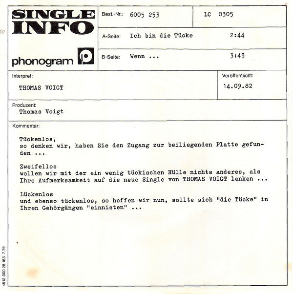 Thomas Voigt : Ich Bin Die Tücke (7", Single)
