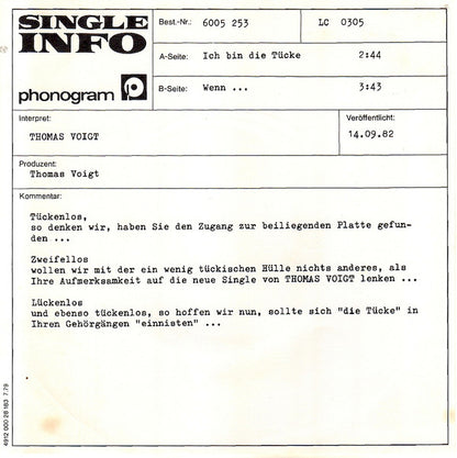 Thomas Voigt : Ich Bin Die Tücke (7", Single)