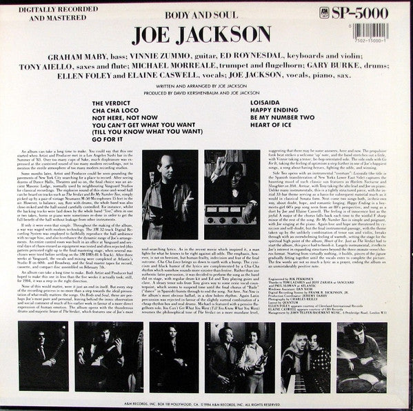 Joe Jackson : Body And Soul (LP, Album, Mon)