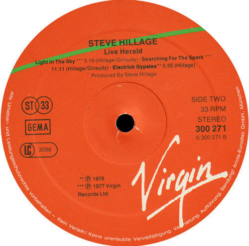 Steve Hillage : Live Herald (2xLP, Album, Gat)