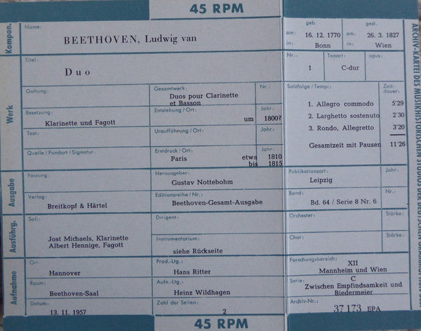 Ludwig van Beethoven : Duo Für Klarinette Und Fagott  (7", EP)