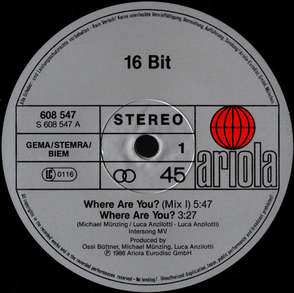 16 Bit : Where Are You? (12", Maxi)
