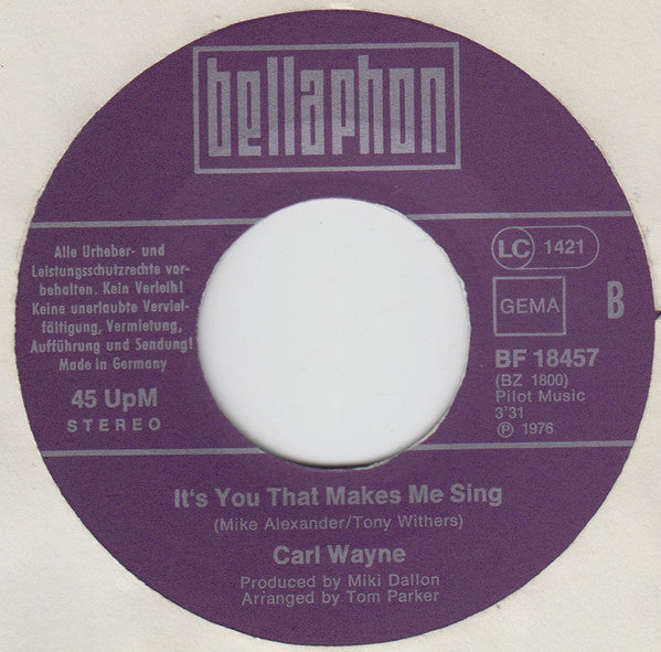 Carl Wayne : C'mon Round My Place / It's You That Makes Me Sing (7", Single)