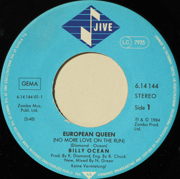 Billy Ocean : European Queen / Caribbean Queen (No More Love On The Run) (7", Single, RP)