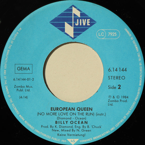 Billy Ocean : European Queen / Caribbean Queen (No More Love On The Run) (7", Single, RP)