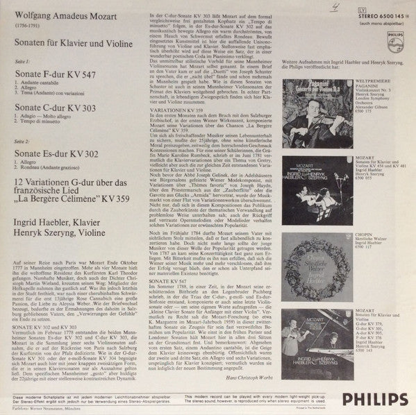 Mozart*, Ingrid Haebler, Henryk Szeryng : Sonaten Für Klavier Und Violine, KV 547, KV 303 Und KV 302 Variationen Über "La Bergère Célimène" KV 359 (LP)