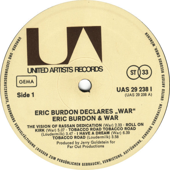 Eric Burdon & War : Eric Burdon Declares “War” (LP, Album, RE)