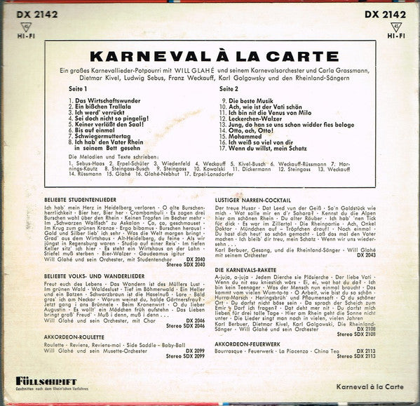 Will Glahé : Karneval À La Carte (7", EP)