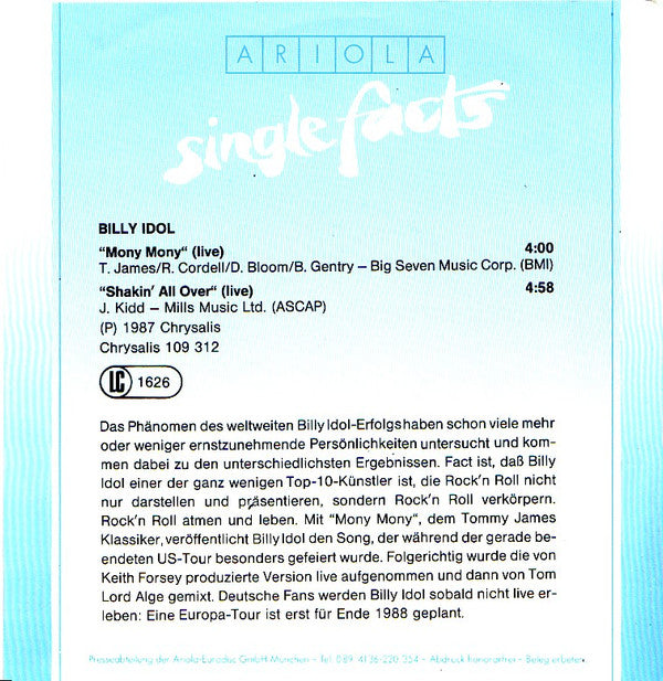 Billy Idol : Mony Mony (Live) (7", Single)