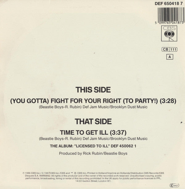 Beastie Boys : Fight For Your Right (7", Single)