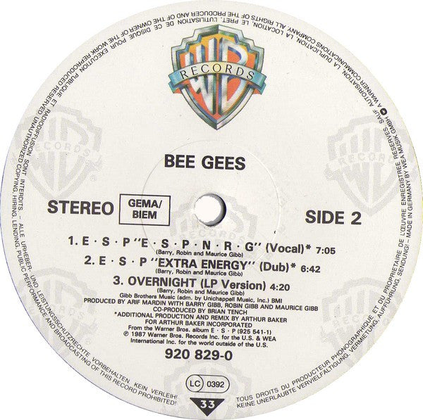 Bee Gees : E·S·P Arthur Baker Remixes (12", Maxi, Ltd)