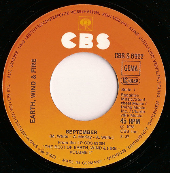 Earth Wind & Fire* : September (7", Single)