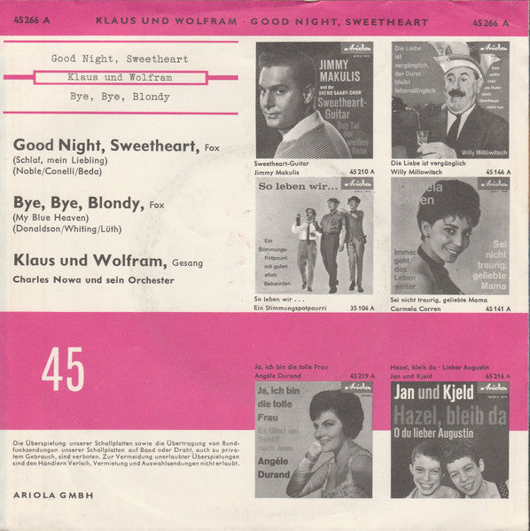 Klaus Und Wolfram : Good Night, Sweetheart (7", Single, Mono)