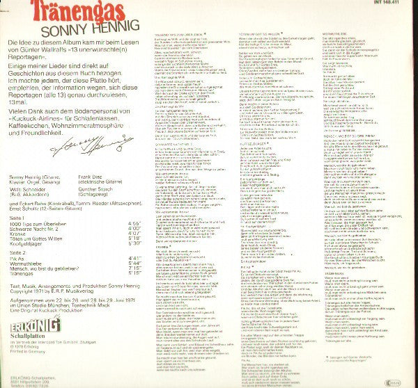 Sonny Hennig : Tränengas (LP, Album, RE)