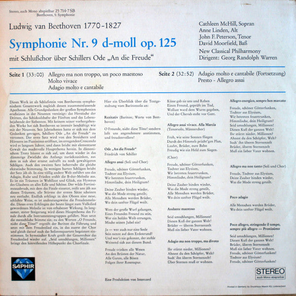 Ludwig van Beethoven, Cathleen McHill, Anne Linden, John F. Peterson, David Moorfield, New Classical Philharmony, George Randolph Warren : 9. Symphonie (D-Moll Op. 125 Mit Schlußchor Über Schillers Ode »An Die Freude«) (LP)