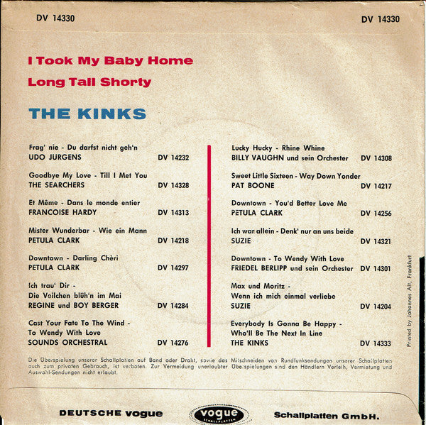 The Kinks : I Took My Baby Home / Long Tall Shorty (7", Single)