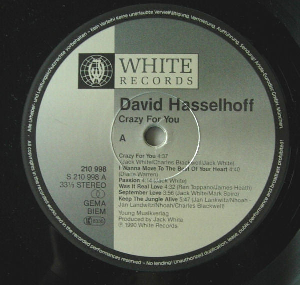 David Hasselhoff : Crazy For You (LP, Album)