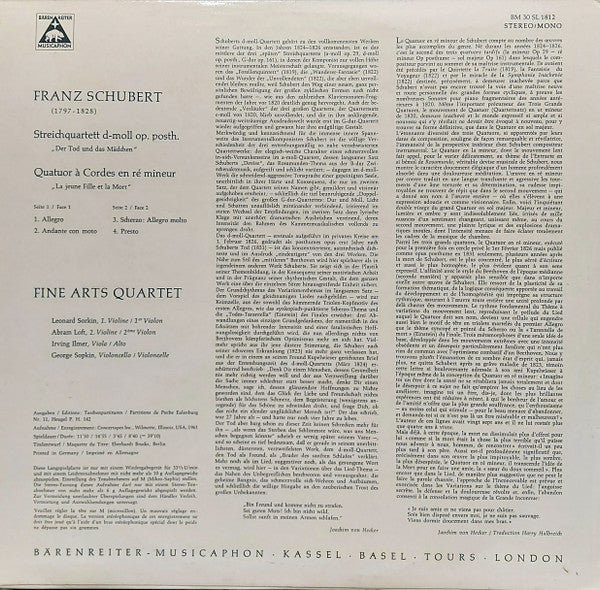 Franz Schubert - Fine Arts Quartet* : Streichquartett D-Moll Op. Posth. "Der Tod Und Das Mädchen" (LP, Album)