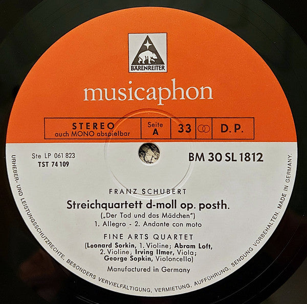 Franz Schubert - Fine Arts Quartet* : Streichquartett D-Moll Op. Posth. "Der Tod Und Das Mädchen" (LP, Album)